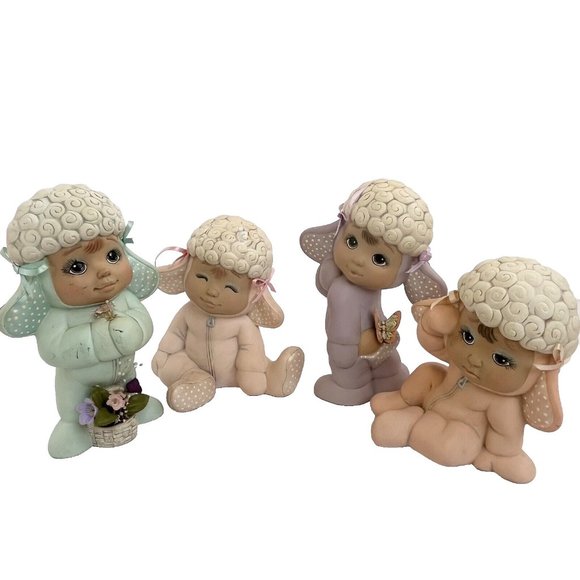 Vtg Anthropomorphic Ceramic Mold Dona's Sweet Tots Lambs Hand Painted Set of 4 - Picture 1 of 16